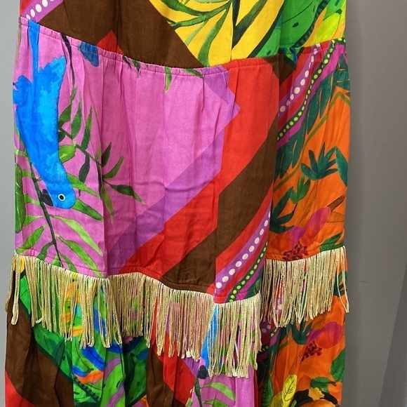 Farm Rio Anthropologie Dress Palila Tropical Printed Fringe Casual Midi Sz S NEW - Picture 6 of 16